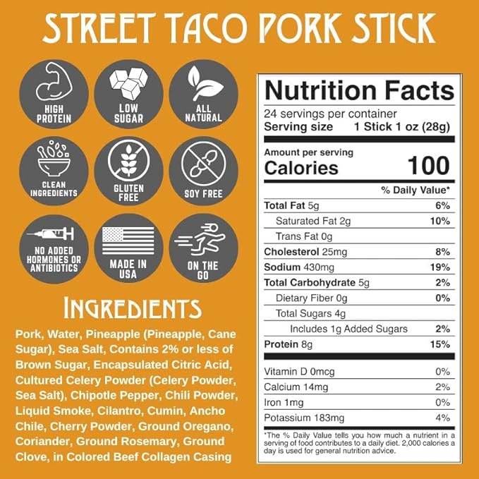 Righteous Felon Meat Sticks | 100% Pork Sticks | Gluten Free & Keto Meat Sticks | Low Sugar & High Protein Pork Sticks | Healthy Snack for Adults | Jerky Gifts for Men | Street Taco, 24 Pack