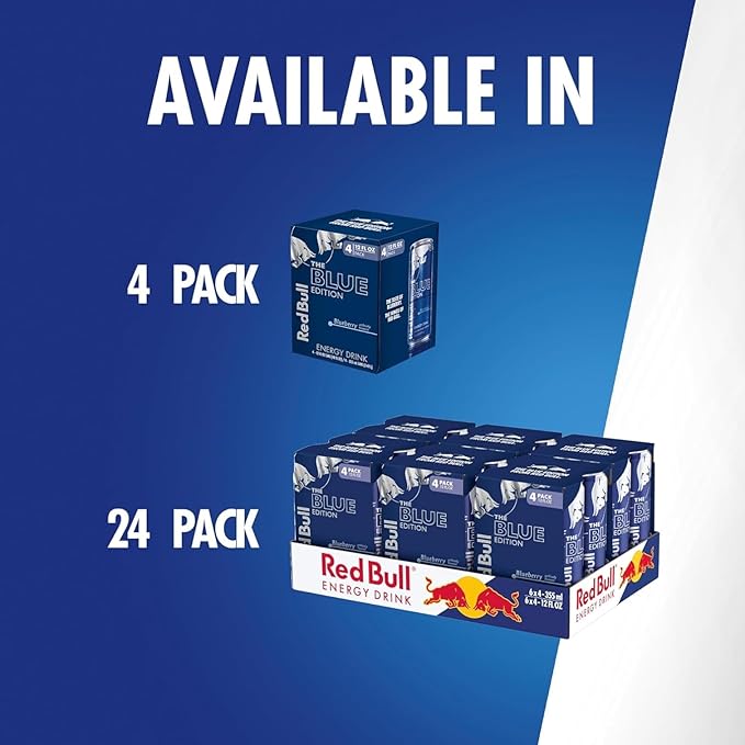 Red Bull Blue Edition Energy Drink, Blueberry, with 114mg Caffeine plus Taurine & B Vitamins, 12 Fl Oz, 6 Packs of 4 Cans (Pack of 24)