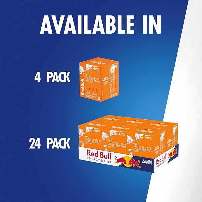 Red Bull Amber Edition Energy Drink, Strawberry Apricot, with 80mg Caffeine plus Taurine & B Vitamins, 8.4 Fl Oz, 6 Packs of 4 Cans (Pack of 24)
