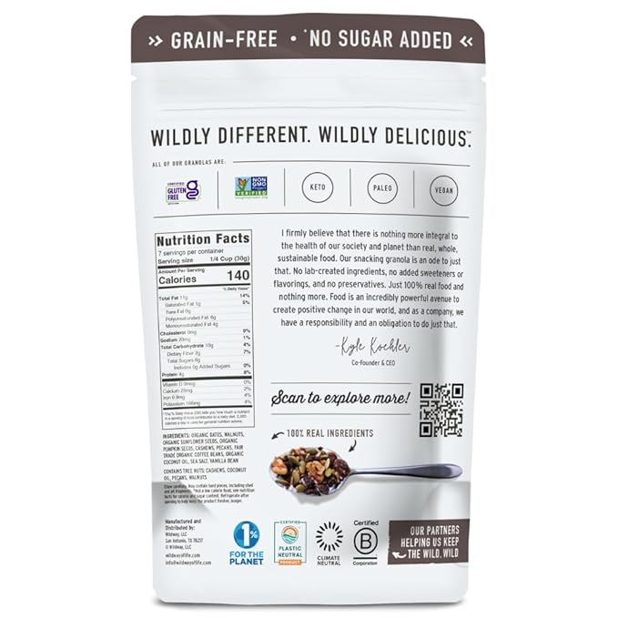 Wildway Keto Granola | Vanilla Bean Espresso | Grain-Free, Certified Gluten-Free Cereal | Vegan, Low Carb | No Sugar Added | Paleo-Friendly | Non-GMO Fruit & Nut Clusters | Nutrient-Rich Snack | 8 oz