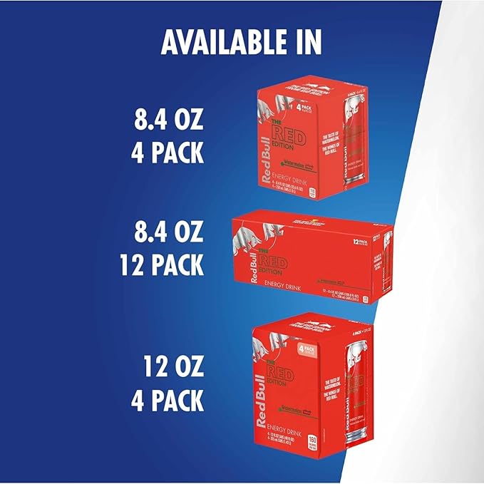 Red Bull Red Edition Energy Drink, Watermelon, with 114mg Caffeine plus Taurine & B Vitamins, 12 Fl Oz, 6 Packs of 4 Cans (Pack of 24)