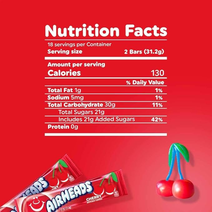 Airheads Halloween Trick or Treat Candy Full Size Bars, Cherry Flavor, Individually Wrapped Bulk Candy for Adults & Kids, Taffy, Non-Melting, Party (Pack of 36 Bars)