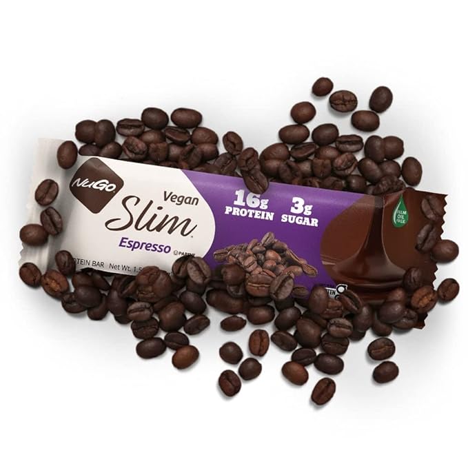 NuGo Slim Dark Chocolate Espresso, 16g Vegan Protein, 3g Sugar, 7g Fiber, 170 Calories, Low Net Carbs, Gluten Free, 12 Count