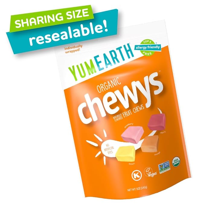 YumEarth Organic Chewys Fruit Flavored Chews, 5oz Sup, Allergy Friendly, Gluten Free, Non-GMO, Vegan, No Artificial Flavors or Dyes (Pack of 1)