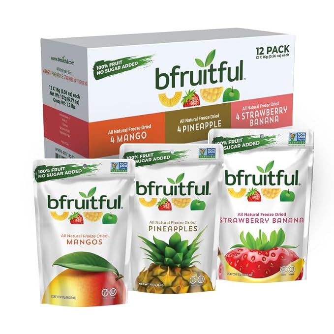 bfruitful Freeze-Dried Mangos, Strawberry Bananas, Pineapples Variety Pack, Freeze Dried Fresh Fruit Bites, Gluten Free, Vegan, Dairy Free, Kosher, No Sugar Added, Non GMO, Healthy Snacks for Kids or Adults, Single-Serve Snack Packets, 12 Pack