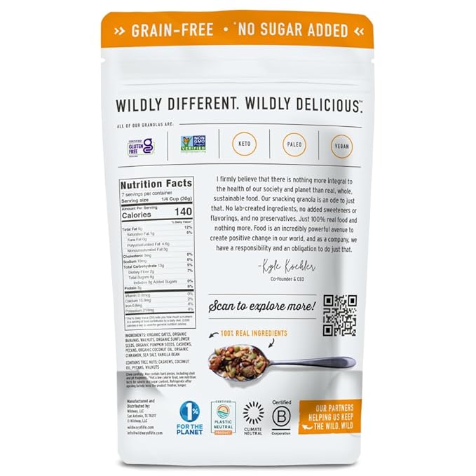 Wildway Keto Granola | Banana Nut | Grain-Free, Certified Gluten-Free Cereal | Vegan, Low Carb | No Sugar Added | Paleo-Friendly | Non-GMO Fruit & Nut Clusters | Nutrient-Rich Snack | 8 oz, 6 Pack