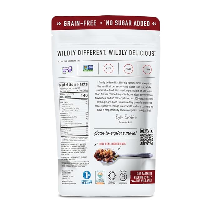 Wildway Keto Granola | Apple Cinnamon | Grain-Free, Certified Gluten-Free Cereal | Vegan, Low Carb | No Sugar Added | Paleo-Friendly | Non-GMO Fruit & Nut Clusters | Nutrient-Rich Snack | 8 oz, 3 Pack