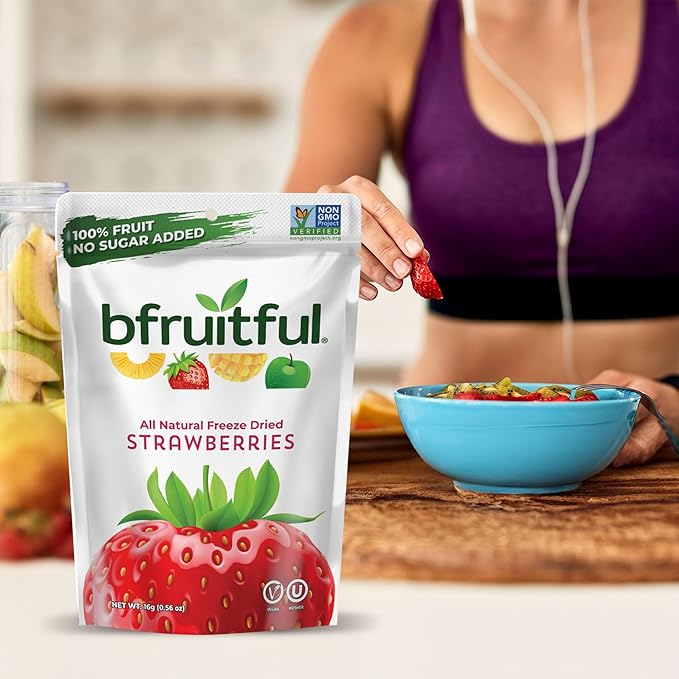 bfruitful Freeze-Dried Strawberries, Freeze Dried Fresh Fruit Bites, Gluten Free, Vegan, Dairy Free, Kosher, No Sugar Added, Non GMO, Healthy Snacks for Kids or Adults, Single-Serve Snack Packets, 24 Pack