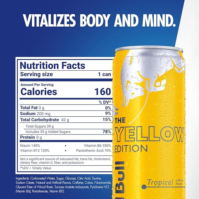 Red Bull Yellow Edition Energy Drink, Tropical, with 114mg Caffeine plus Taurine & B Vitamins, 12 Fl Oz, 6 Packs of 4 Cans (Pack of 24)