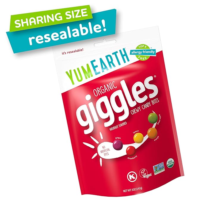 YumEarth Organic Giggles Chewy Candy - Allergy Friendly (Top 9 Free), No Artificial Dyes or Flavors, Non GMO, Gluten Free, Vegan Candy Snacks - 5 Ounce Bag (Pack of 6)