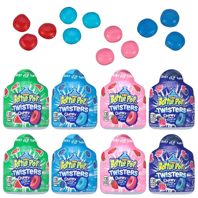 Baby Bottle Pop Twisters Chewy Candy, 8 Ct Sweet Candy with Chewy Sour Center in Twisting Containers, Full Size, Individually Wrapped Fun Bulk Assortment For Kids Party Favors, Toys, Goodie Bags