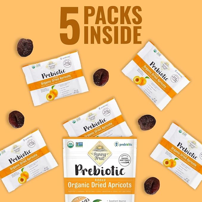 Sunny Fruit Organic Prebiotic Apricots - 6 Bags (30 Individual Portion Packs) | No Preservatives, No Sugar Added | Convenient Snack Packs with Prebiotic Fiber | ORGANIC, NON-GMO, KOSHER, HALAL