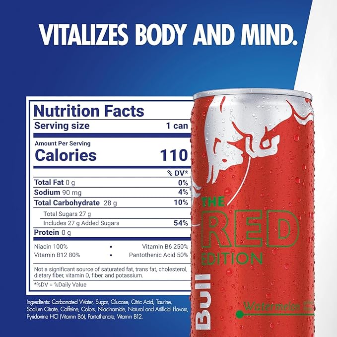 Red Bull Red Edition Energy Drink, Watermelon, with 80mg Caffeine plus Taurine & B Vitamins, 8.4 Fl Oz, 6 Packs of 4 Cans (Pack of 24)
