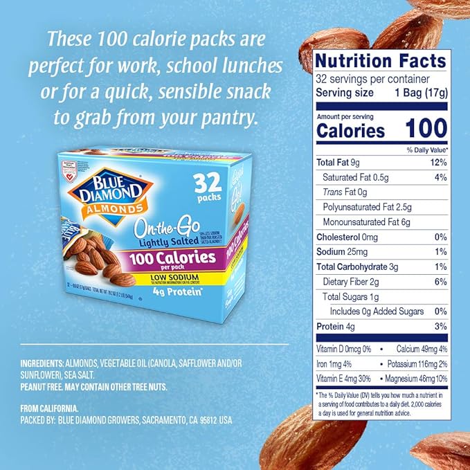 Blue Diamond Almonds Low Sodium Lightly Salted Snack Nuts, 100 Calorie Packs, 0.6 Ounce (Pack of 32)