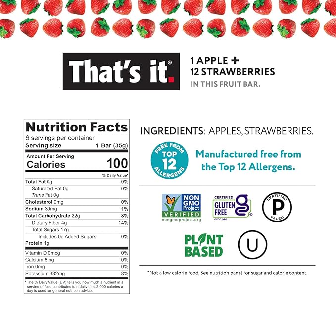 That's it. Fruit Bars 12 Variety Pack 100% Natural Real Fruit Bar, High Fiber Vegan, Gluten Free, Paleo, Non-GMO, No Sugar (6 Strawberry, 6 Blueberry)