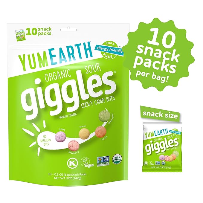 YumEarth Organic Sour Giggles Chewy Candy - Allergy Friendly (Top 9 Free), No Artificial Dyes or Flavors, Non GMO, Gluten Free, Vegan - Individually Wrapped Sour Snack Packs - 0.5 Ounce (Pack of 10)