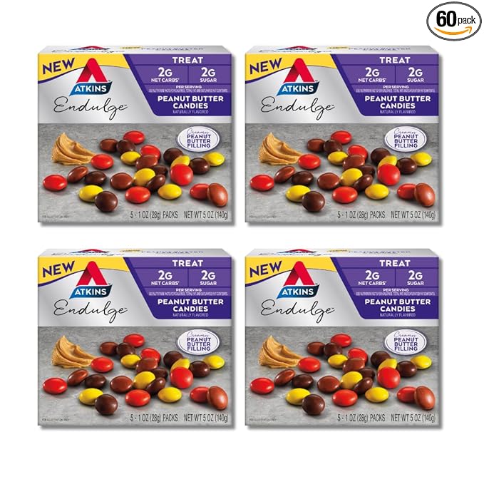 Atkins Endulge Treat, Peanut Butter Candies, 2g Net Carbs, 2g Sugar, Creamy Peanut Butter Filling, Low Carb, Low Sugar, 4 Packs (5 Count Each)