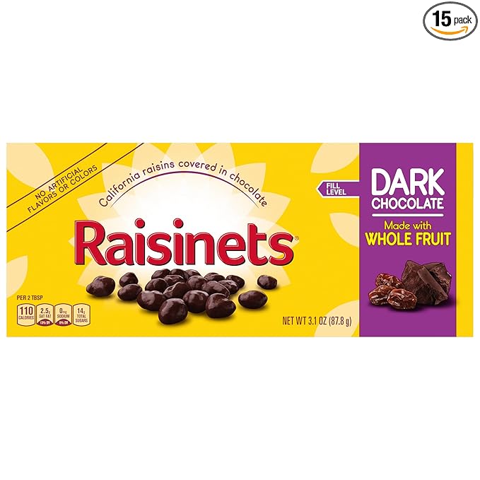 Raisinets, Dark Chocolate Covered California Raisins, Movie Theater Candy Box, 3.1 oz each, Bulk 15 Pack