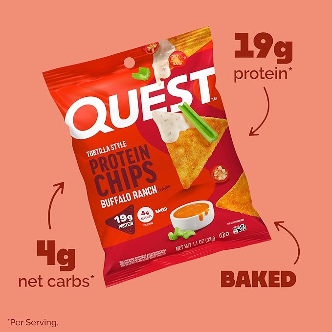 Quest Nutrition Tortilla Style Protein Chips, Buffalo Ranch, 19g of Protein, 4g Net Carbs, Gluten Free, 1.1 Ounce (Pack of 12)