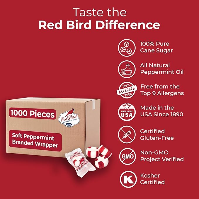 Red Bird Soft Peppermint Candy Mints, Bulk Candy Individually Wrapped, Branded Wrapper, 1000 ct