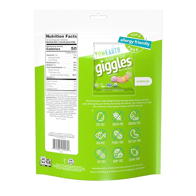 YumEarth Organic Sour Giggles Chewy Candy - Allergy Friendly (Top 9 Free), No Artificial Dyes or Flavors, Non GMO, Gluten Free, Vegan - Individually Wrapped Sour Snack Packs - 0.5 Ounce (Pack of 10)