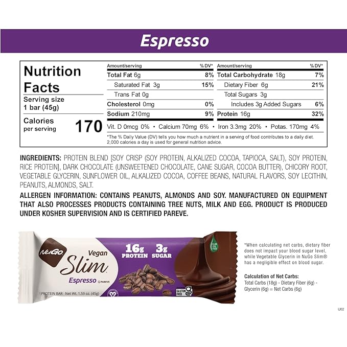 NuGo Slim Dark Chocolate Espresso, 16g Vegan Protein, 3g Sugar, 7g Fiber, 170 Calories, Low Net Carbs, Gluten Free, 12 Count