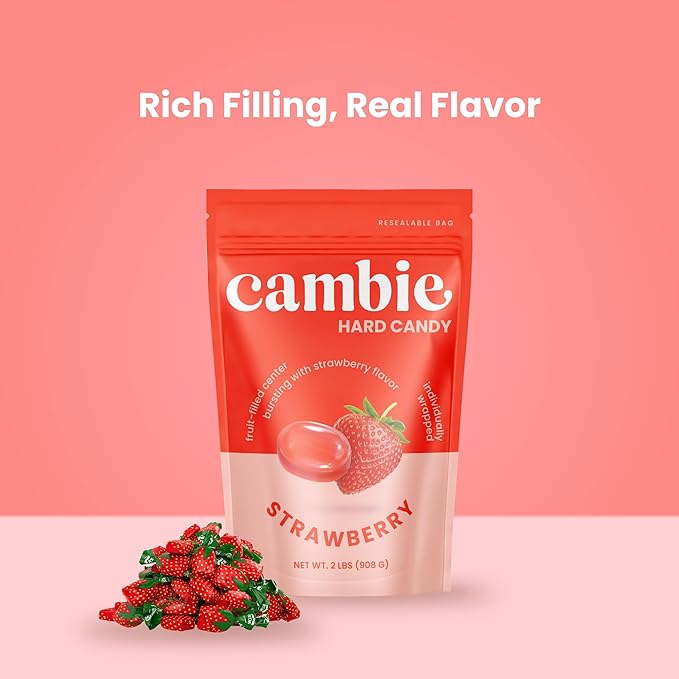 Strawberry Hard Candy Individually Wrapped – Cambie Bulk Candy with Fruit-Filled Center, 2 lbs Bon Bons for Piñata Filler, Candy Bags, Party Favors