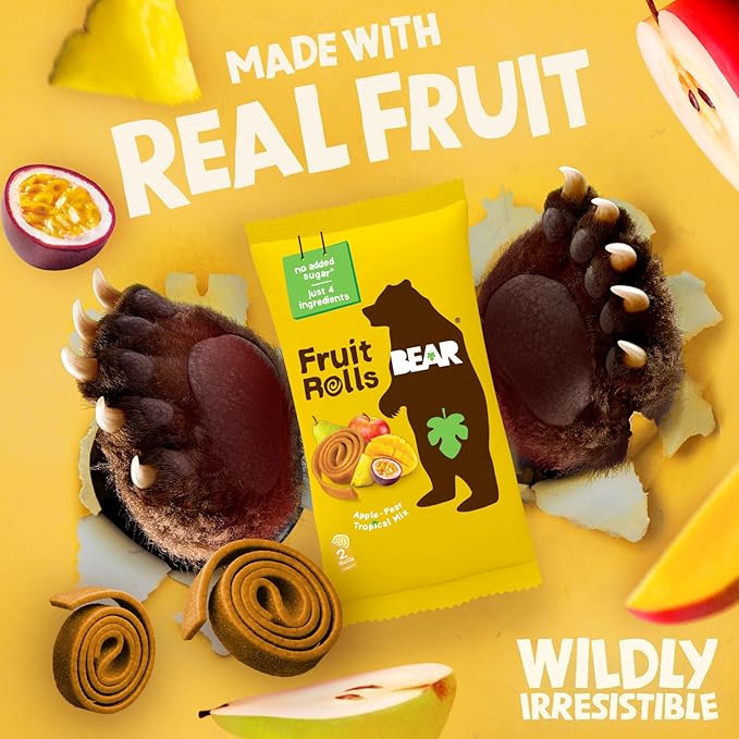BEAR Real Fruit Snack Rolls - Gluten Free, Vegan, and Non-GMO - Tropical – Healthy School And Lunch Snacks For Kids And Adults, 0.7 Ounce (Pack of 18)