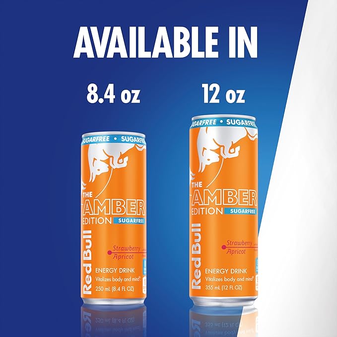 Red Bull Amber Edition Sugar Free Energy Drink, Strawberry Apricot, with 114mg Caffeine plus Taurine & B Vitamins, 12 Fl Oz, Pack of 4 Cans