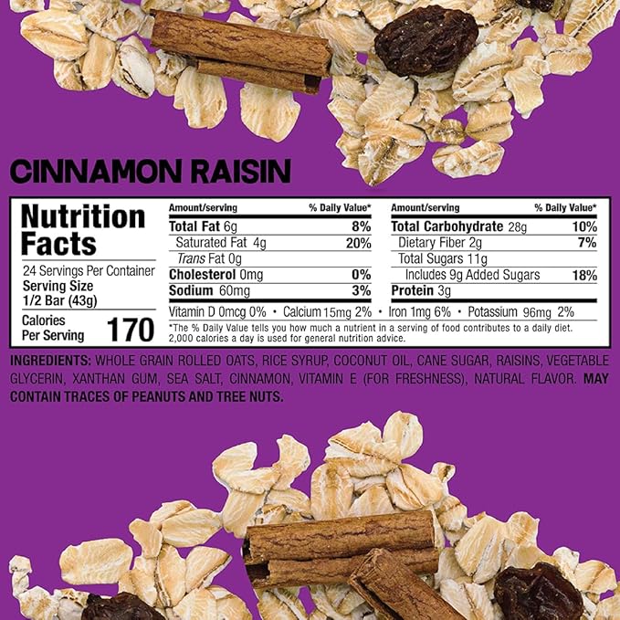 Bobo's Oatmeal Bars, Cinnamon Raisin, Gluten Free Vegan Whole Grain Oat Bars, Pack of 12