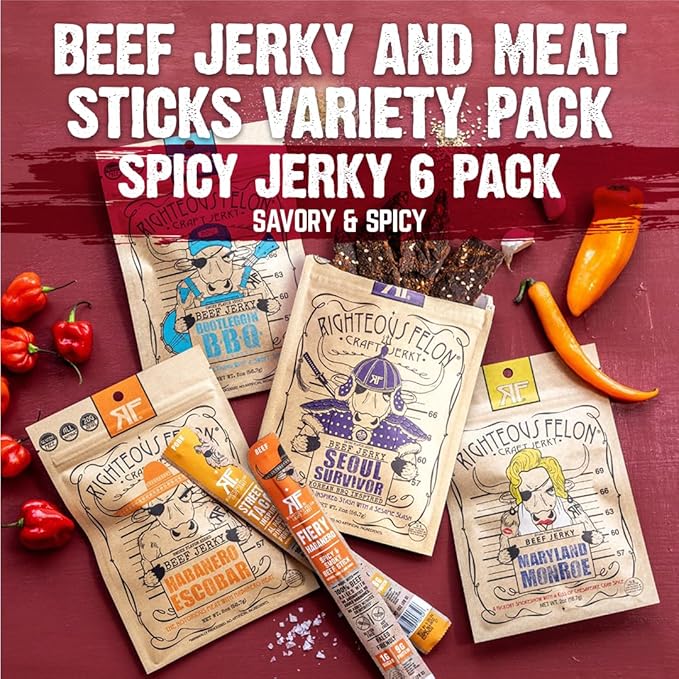 Righteous Felon Beef Jerky & Meat Sticks Variety Pack | Gluten Free Beef Jerky Snack Packs for Adults | High Protein, Keto, Low Sugar | Made with Premium Meats | Gifts for Men | Spicy Jerky 6 Pack