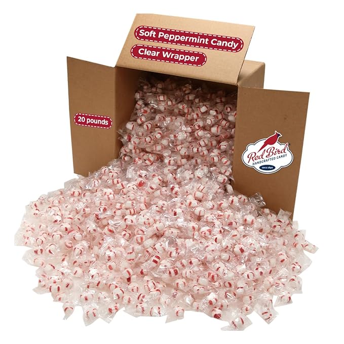 Red Bird Soft Peppermint Candy Mints, Bulk Candy Individually Wrapped, Clear Wrapper, 20 lb
