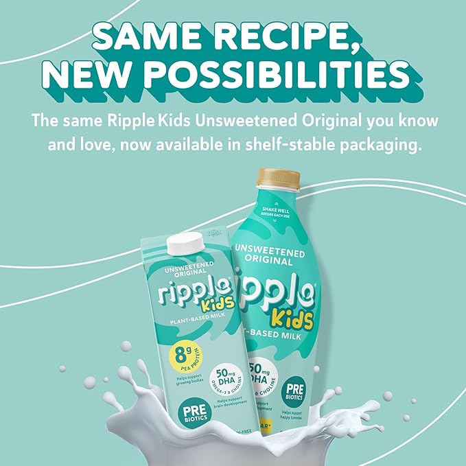 Ripple Kids Unsweetened Plant Based Milk | Pediatrician Recommended | 8g of Pea Protein | Shelf Stable | Vegan & Non GMO | Dairy, Soy, Nut, Gluten, & Lactose Free | 32 Fl Oz Cartons (Pack of 6)