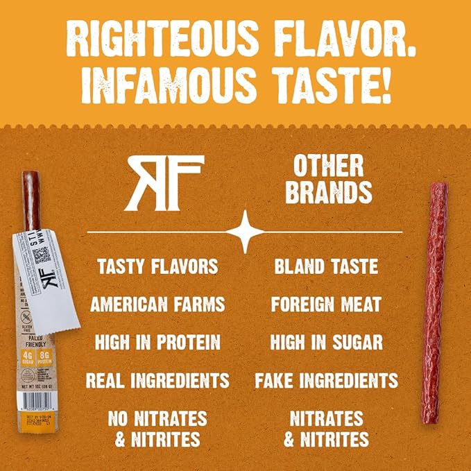 Righteous Felon Meat Sticks | 100% Pork Sticks | Gluten Free & Keto Meat Sticks | Low Sugar & High Protein Pork Sticks | Healthy Snack for Adults | Jerky Gifts for Men | Street Taco, 24 Pack
