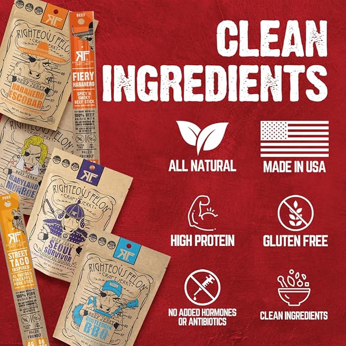 Righteous Felon Beef Jerky & Meat Sticks Variety Pack | Gluten Free Beef Jerky Snack Packs for Adults | High Protein, Keto, Low Sugar | Made with Premium Meats | Gifts for Men | Spicy Jerky 6 Pack