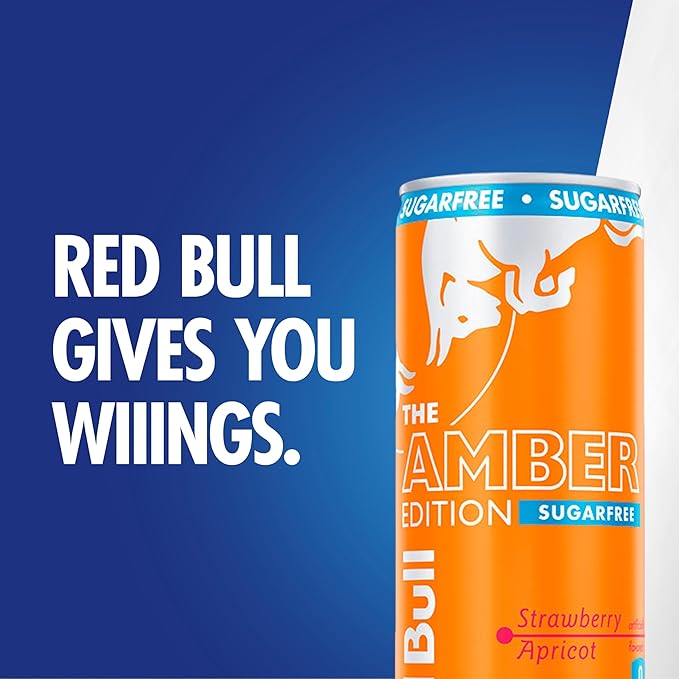 Red Bull Amber Edition Sugar Free Energy Drink, Strawberry Apricot, with 114mg Caffeine plus Taurine & B Vitamins, 12 Fl Oz, 6 Packs of 4 Cans (Pack of 24)