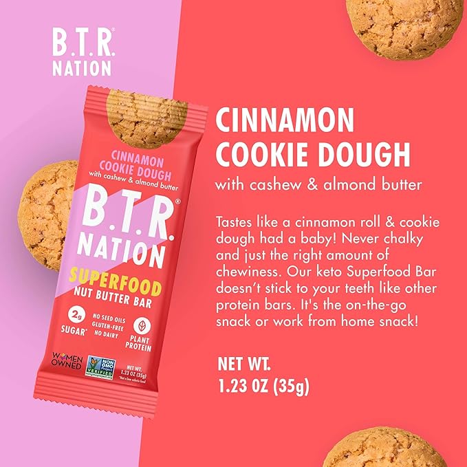 B.T.R. Nation Superfood Keto Protein Bars - Cinnamon Cookie Dough ENERGY | (4 Pack) | Plant Based Vegan Protein, Low Carb Food, Low Calorie, Gluten Free, No Sugar Alcohols, Boosted with Superfoods
