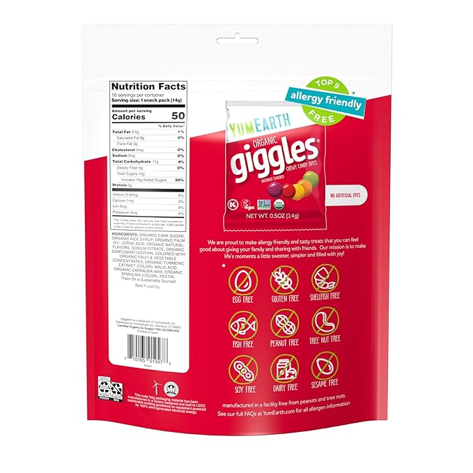 YumEarth Organic Giggles Chewy Candy – Allergy Friendly, No Artificial Dyes, Non GMO, Gluten Free, Fruit Flavored, Vegan Candy Snacks with No Artificial Flavors, 0.5 oz (Pack of 120)