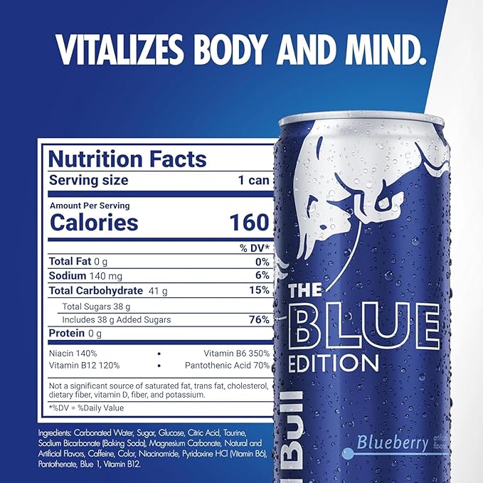 Red Bull Blue Edition Energy Drink, Blueberry, with 114mg Caffeine plus Taurine & B Vitamins, 12 Fl Oz, 6 Packs of 4 Cans (Pack of 24)