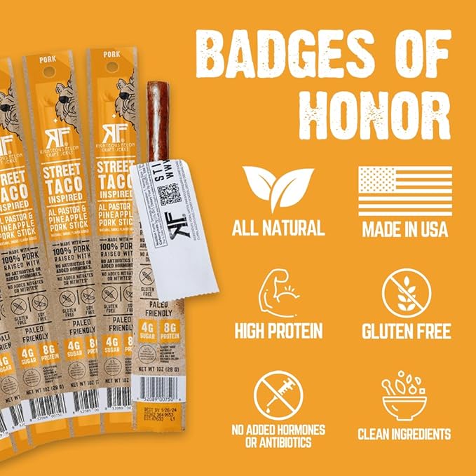 Righteous Felon Meat Sticks | 100% Pork Sticks | Gluten Free & Keto Meat Sticks | Low Sugar & High Protein Pork Sticks | Healthy Snack for Adults | Jerky Gifts for Men | Street Taco, 24 Pack