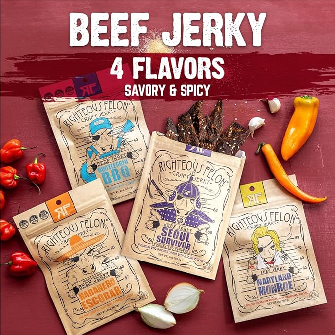 Righteous Felon Beef Jerky Variety Pack | Gluten Free Snack Packs for Adults | High Protein, Keto, Low Sugar | Made with Premium Meats | Gifts for Men | Spicy Jerky 4 Pack
