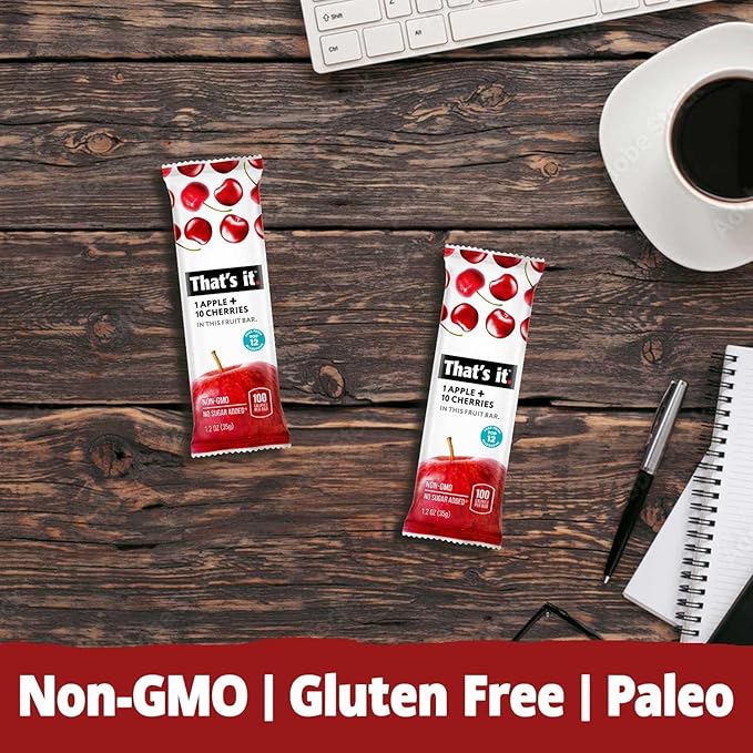 That's it. Fruit Bars Snack 20 Pack - 100% All Natural Gluten-Free Vegan Low Carb Snacks - Healthy Fruit Snacks Variety Pack Strawberry, Mango, Blueberry, Cherry, Fig Bars