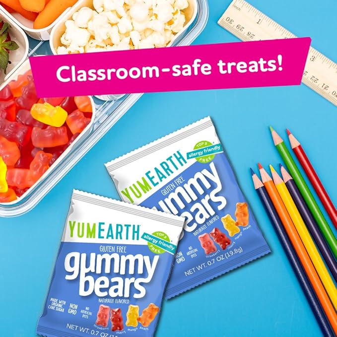 YumEarth Organic Fruit Flavored Gummy Bears, 10- .7oz. Snack Packs, Allergy Friendly, Gluten Free, Non-GMO, No Artificial Flavors or Dyes