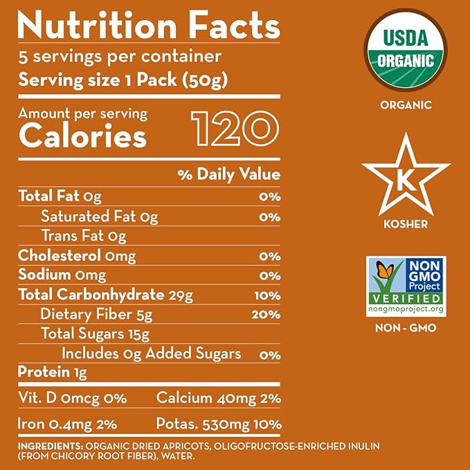 Sunny Fruit Organic Prebiotic Apricots - 6 Bags (30 Individual Portion Packs) | No Preservatives, No Sugar Added | Convenient Snack Packs with Prebiotic Fiber | ORGANIC, NON-GMO, KOSHER, HALAL