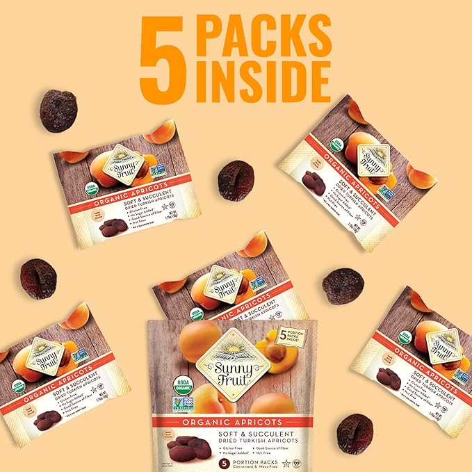 Sunny Fruit Soft Organic Turkish Dried Apricots - 1 Bag (5 Individual Portion Packs) | No Preservatives, No Sugar Added | Healthy, Convenient Snack Packs | ORGANIC, NON-GMO, VEGAN, HALAL, KOSHER