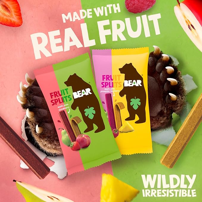 BEAR Real Fruit Snack Splits - Gluten Free, Vegan, and Non-GMO - Variety Pack (Apple/Strawberry, Raspberry/Pineapple)– Healthy School And Lunch Snacks For Kids And Adults, 0.7 Ounce (Pack of 20)