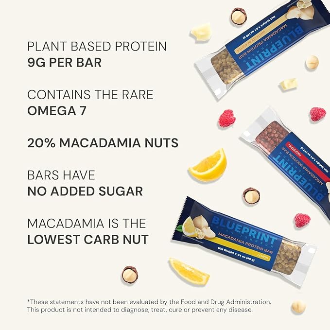 Blueprint by Bryan Johnson Macadamia Nut Protein Bars – Variety Pack Protein Bars - Lemon, White Cocoa & Raspberry – Vegan, Low Sugar, Keto-Friendly Snacks – Non-GMO, Raw Nut Bar– 9g Protein – 12 Pack