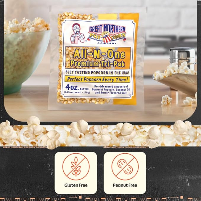 4oz Popcorn Machine Popcorn Packets - Pre-Measured, Movie Theater Style, All in One Gourmet Pop Corn Kernels for Popping with Butter Flavored Salt and Oil by Great Northern Popcorn (40 Case)