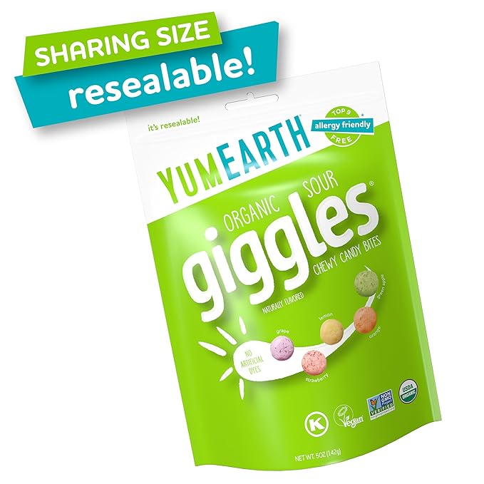 YumEarth Organic Sour Giggles Chewy Candy – Allergy Friendly, No Artifical Dyes, Non GMO, Gluten Free, Sour Fruit Flavored, Vegan Candy Snacks with No Artificial Flavors, 5 oz (Pack of 6)