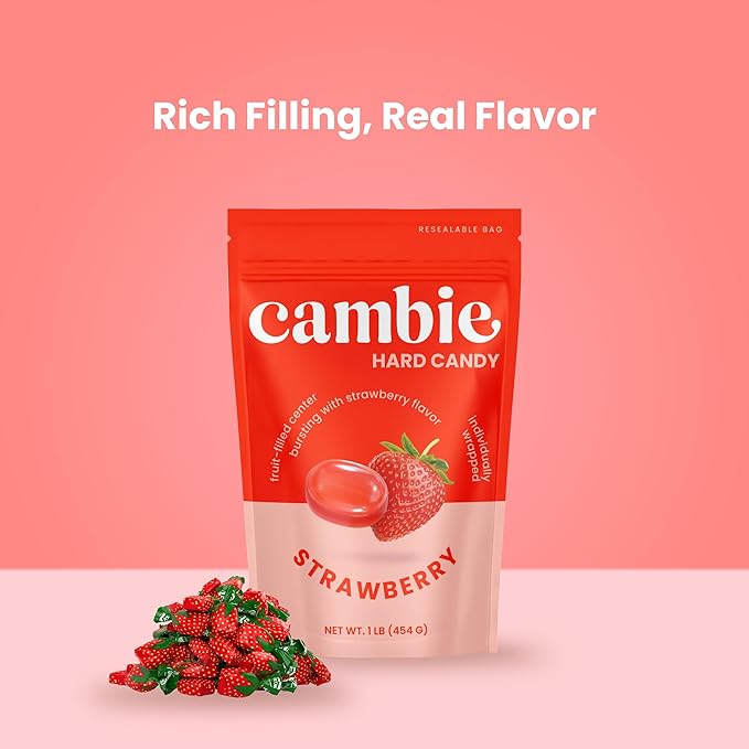 Strawberry Hard Candy Individually Wrapped by Cambie, 1 lb of Strawberry Candy with a Deliciously Sweet Hard Exterior with a Soft, Fruit-Filled Center
